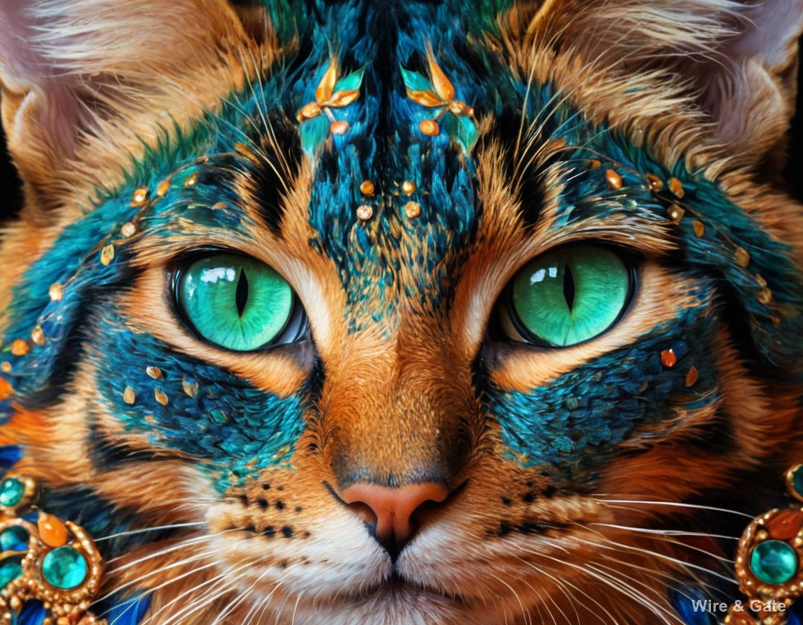Close-up of a green-eyed cat, its fur decorated with blue and gold patterns