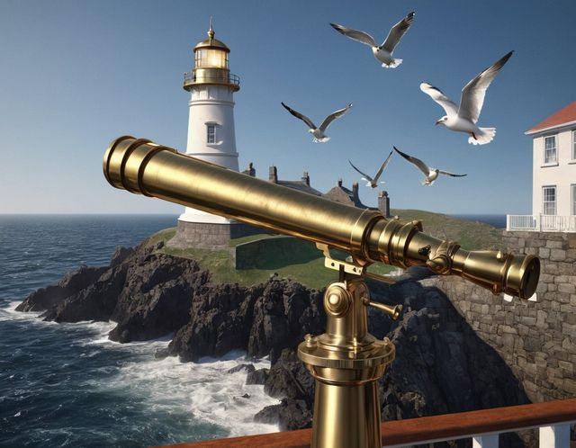 A brass telescope pointing at the bay, with seagulls and a lighthouse